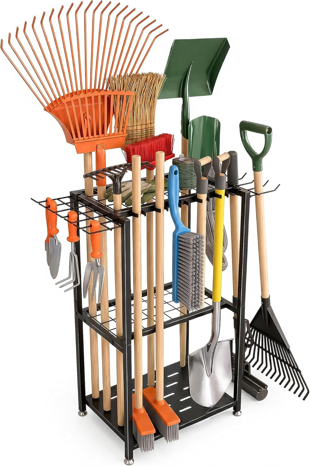 Garden Tool Organizer, 3-Tier Metal Yard Tool Rack with 14 Hooks & 5