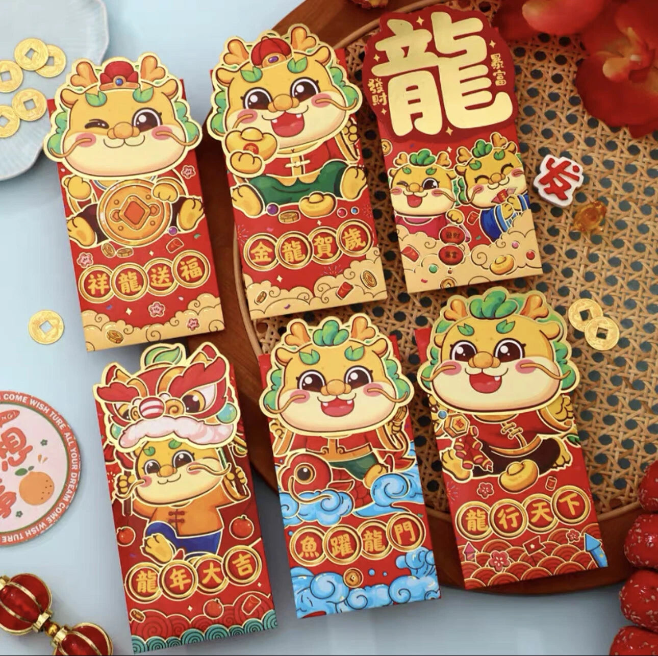 Set Of 6 Chinese New Year Of Dragon Red Envelope Lucky Money Bag