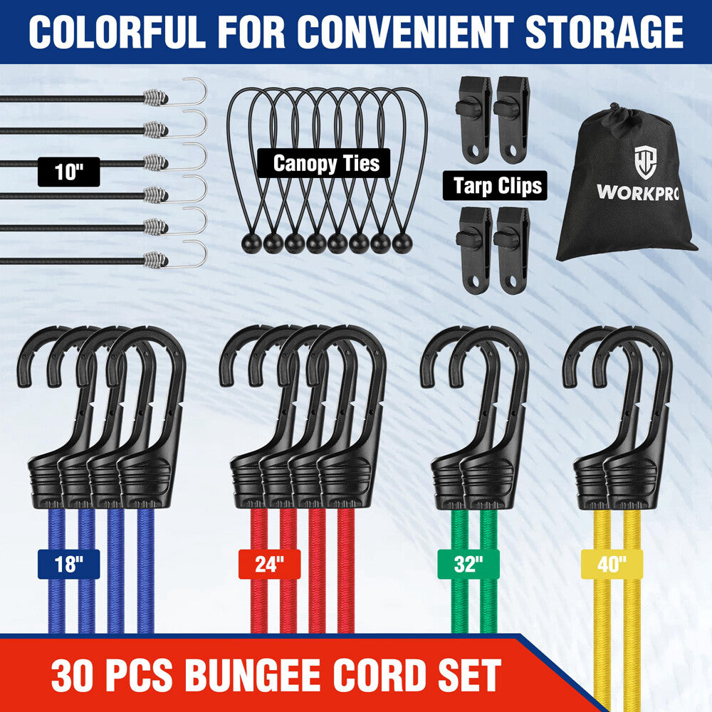 30-PC Bungee Cords Assortment Includes 10" 18" 24" 32" 40"Bungee Cord w/Hooks