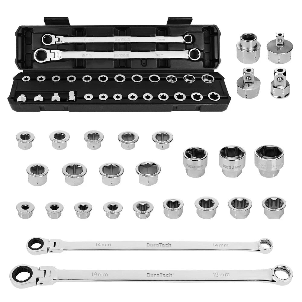 DURATECH 27PCS Extra Long Flex Head Ratcheting Wrench Set 8-22mm Socket Adapters