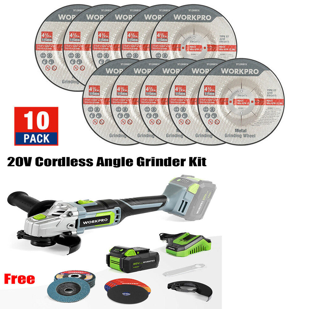 WORKPRO 20V Cordless Angle Grinder Kit with 10PK Wheels by WORKPRO