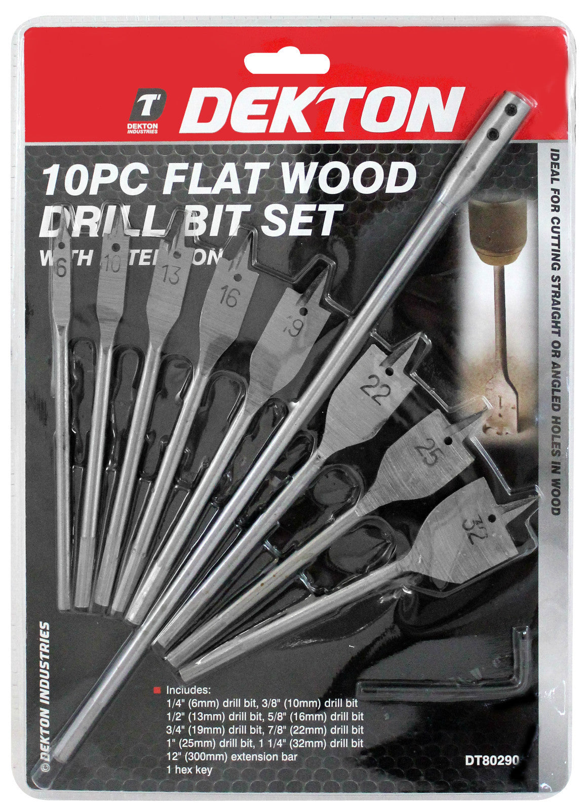 10pc Flat Spade Wood Hole Saw Drill Bits 6 10 13 16 19 22 25 32mm + extensionOpe