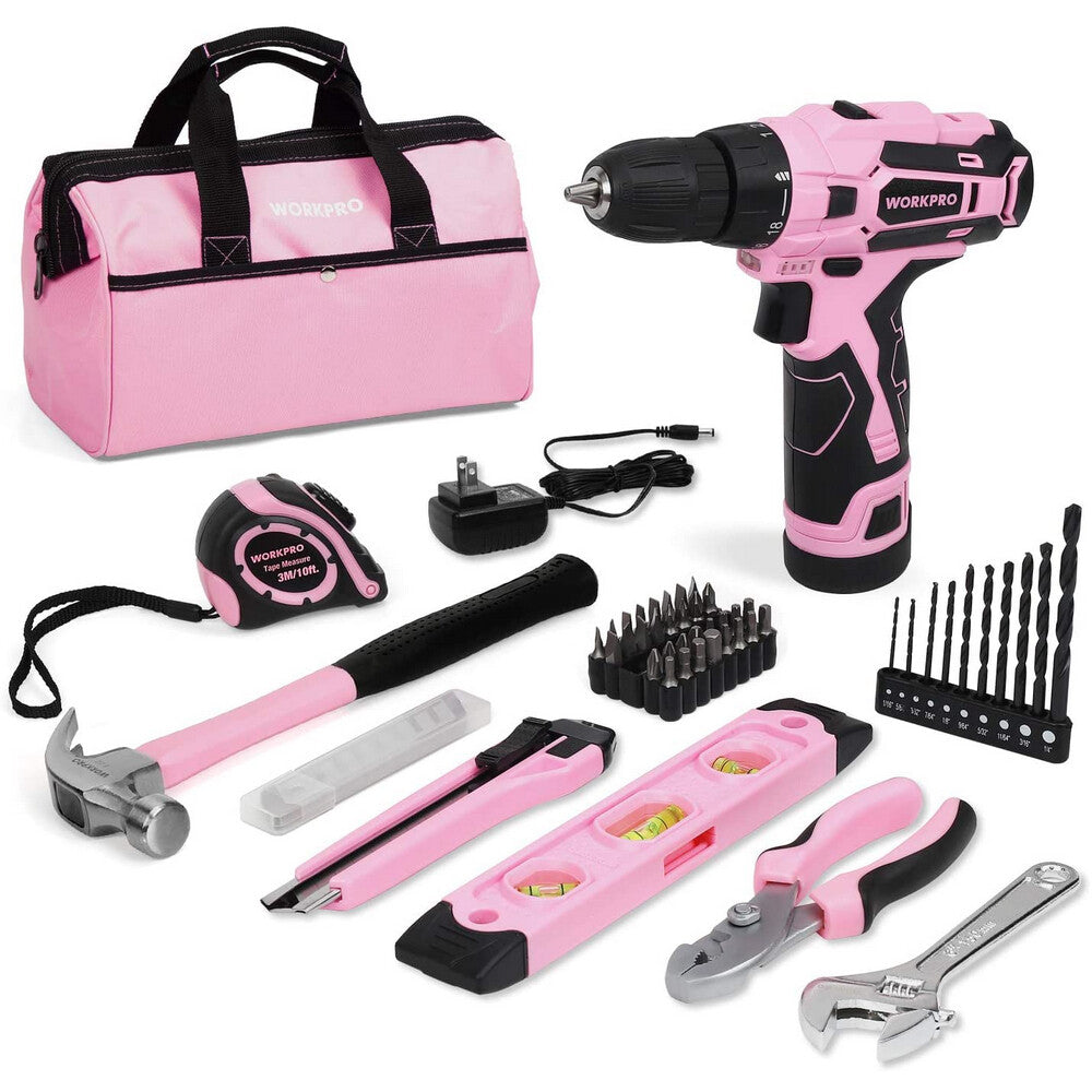 WORKPRO 12V Pink Cordless Drill Driver Set with Tool Bag