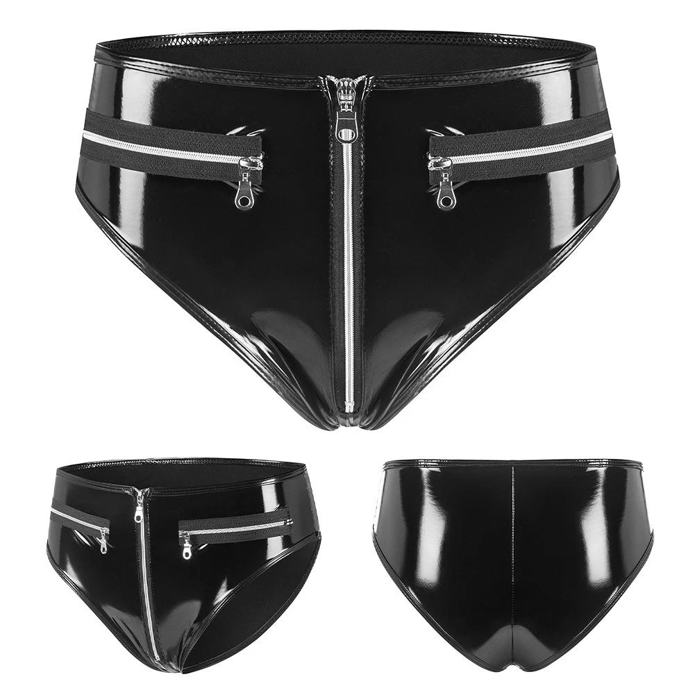 Womens Latex-style Panties Glossy Wet Look Zip Front Open Crotch