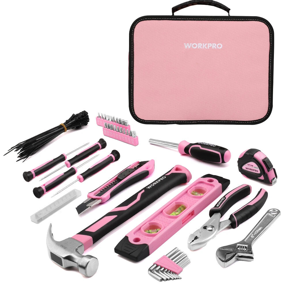 100Piece Pink Tool Kit Pink Tool Set Household Tool Kit with Easy Carrying Pouch