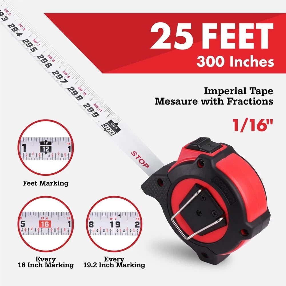 Arrow 25FT Auto-Lock Tape Measure Double Sided Measurement Tape w/Fractions 1/8″