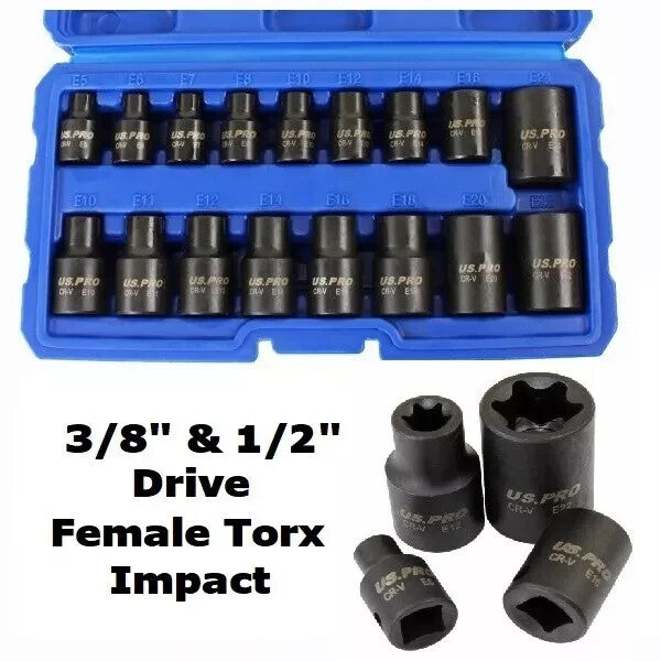 US Pro Tools 17pc 3/8" & 1/2" dr Impact E-Torx Socket Set E5 to E24 34