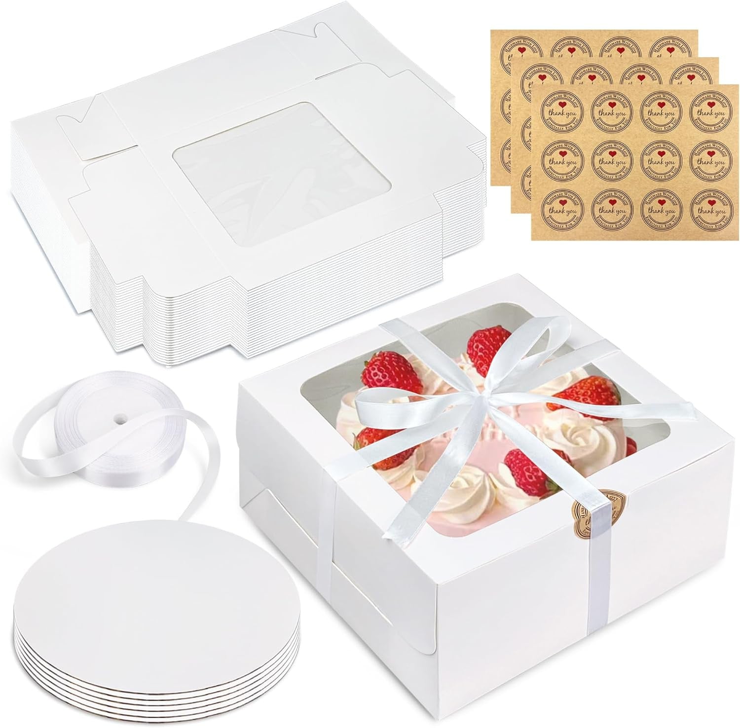 28PCS 8X8X4 Inches White Bakery Boxes with Window Bulk Cardboard