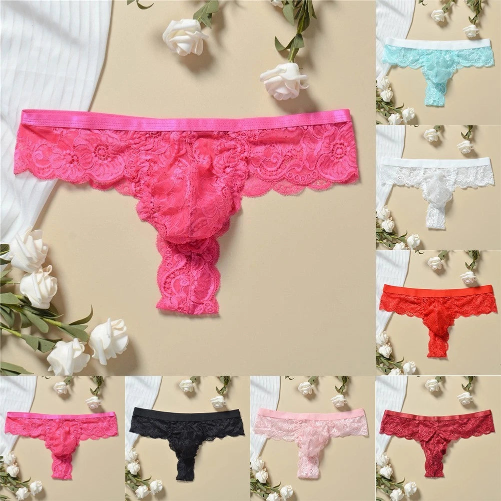 Men's G String Thong Underwear Low Waist Floral Lace Sheer Mesh Design