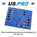 US Pro Tools 20pc Socket Extension Bar UJ Adapter Set 1/4" 3/8" 1/2" D