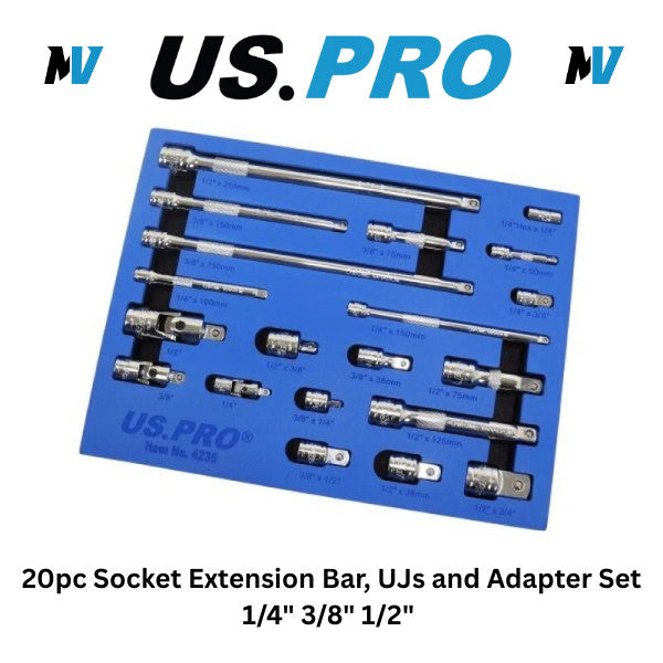 US Pro Tools 20pc Socket Extension Bar UJ Adapter Set 1/4" 3/8" 1/2" D