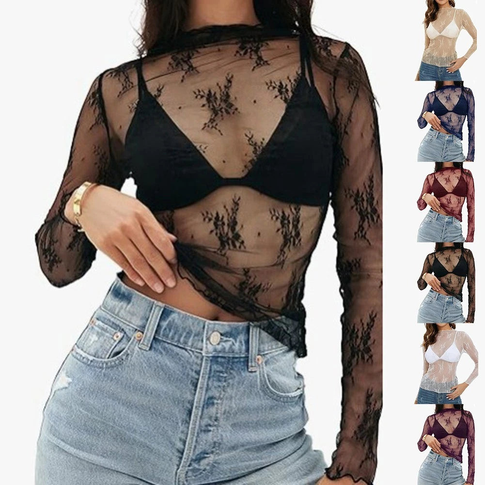 Women's Lace Mesh Long Sleeve O-neck Sheer Solid For Slim Fit