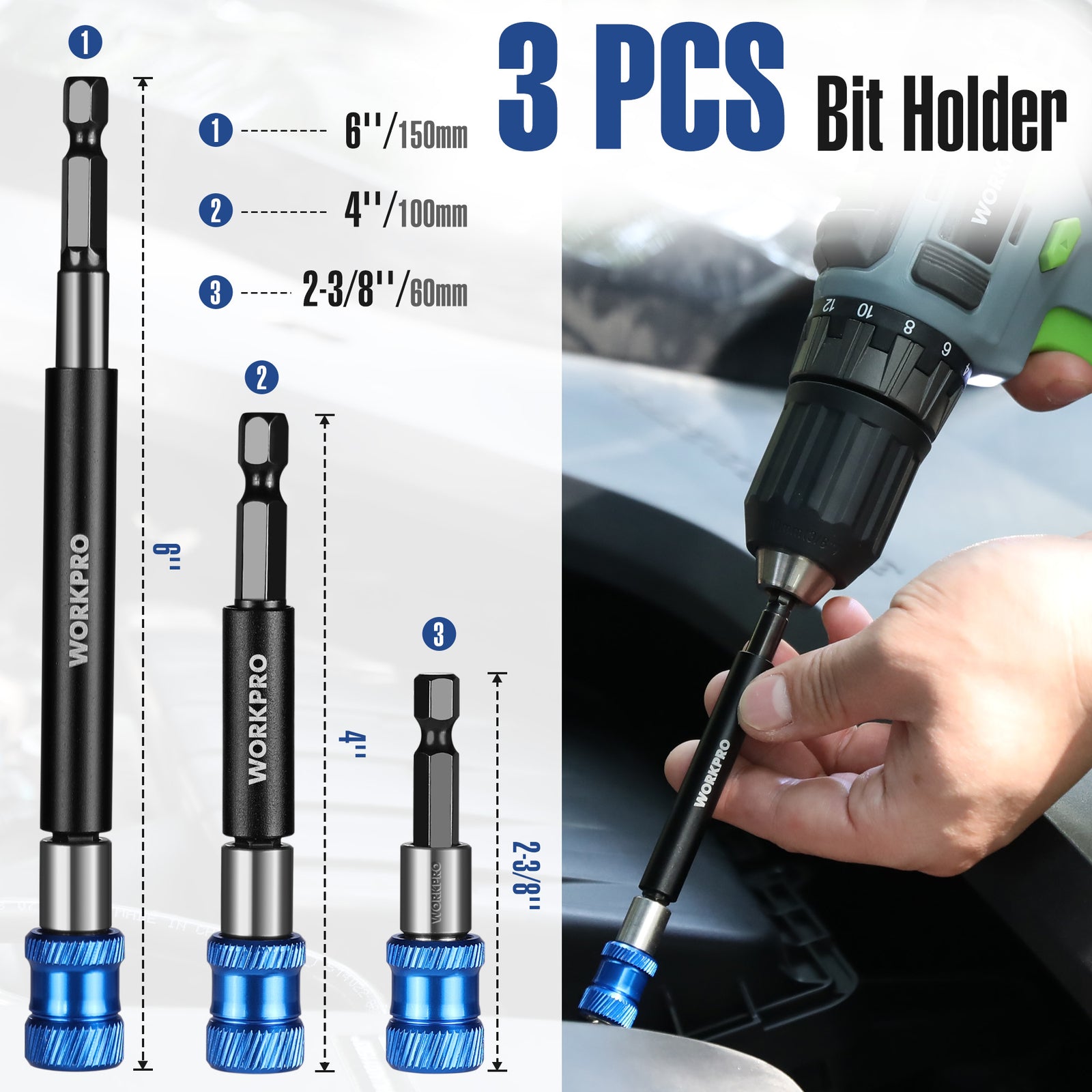 WORKPRO Drill Bit Extension Set 3Pcs Magnetic Extender by WORKPRO