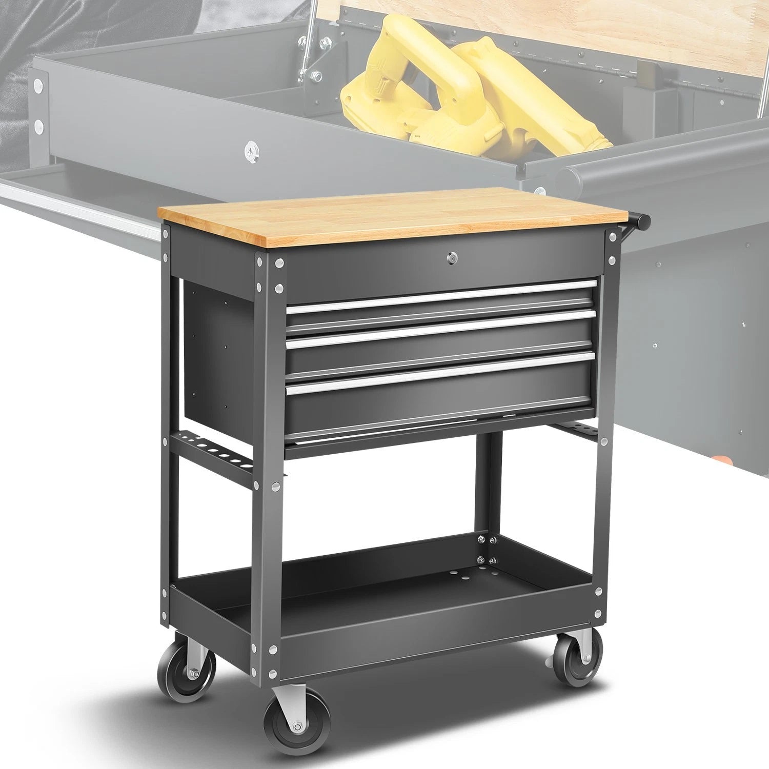 Black 3 Drawer Rolling Tool Trolley Cabinet Lockable Wood Top