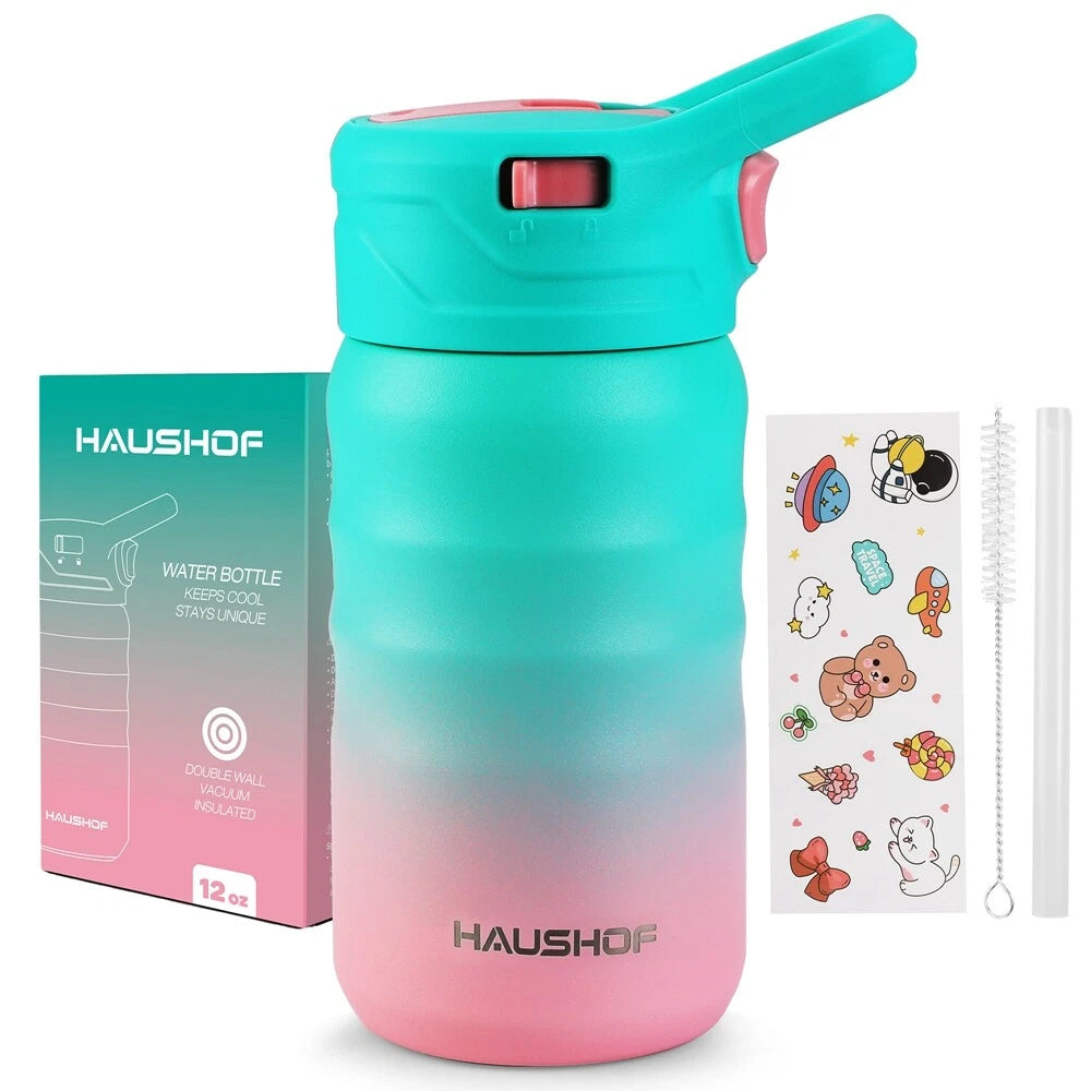 HAUSHOF Kids Water Bottle 12 oz Stainless Steel Vacuum Double Wall Insulated Cup