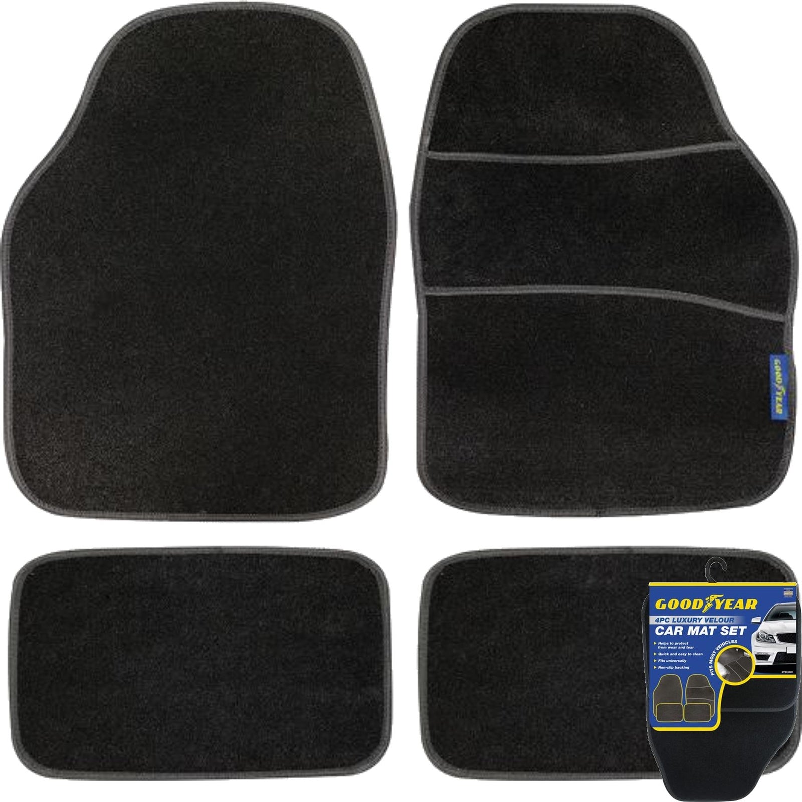 Goodyear Luxury Non Slip Floor Mats Black Carpet Car Mat Front & Rear Set 4pc