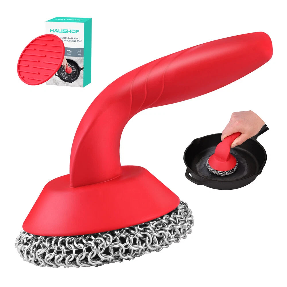 Haushof Cast Iron Scrubber With Long Handle Chainmail Scrubber Cast