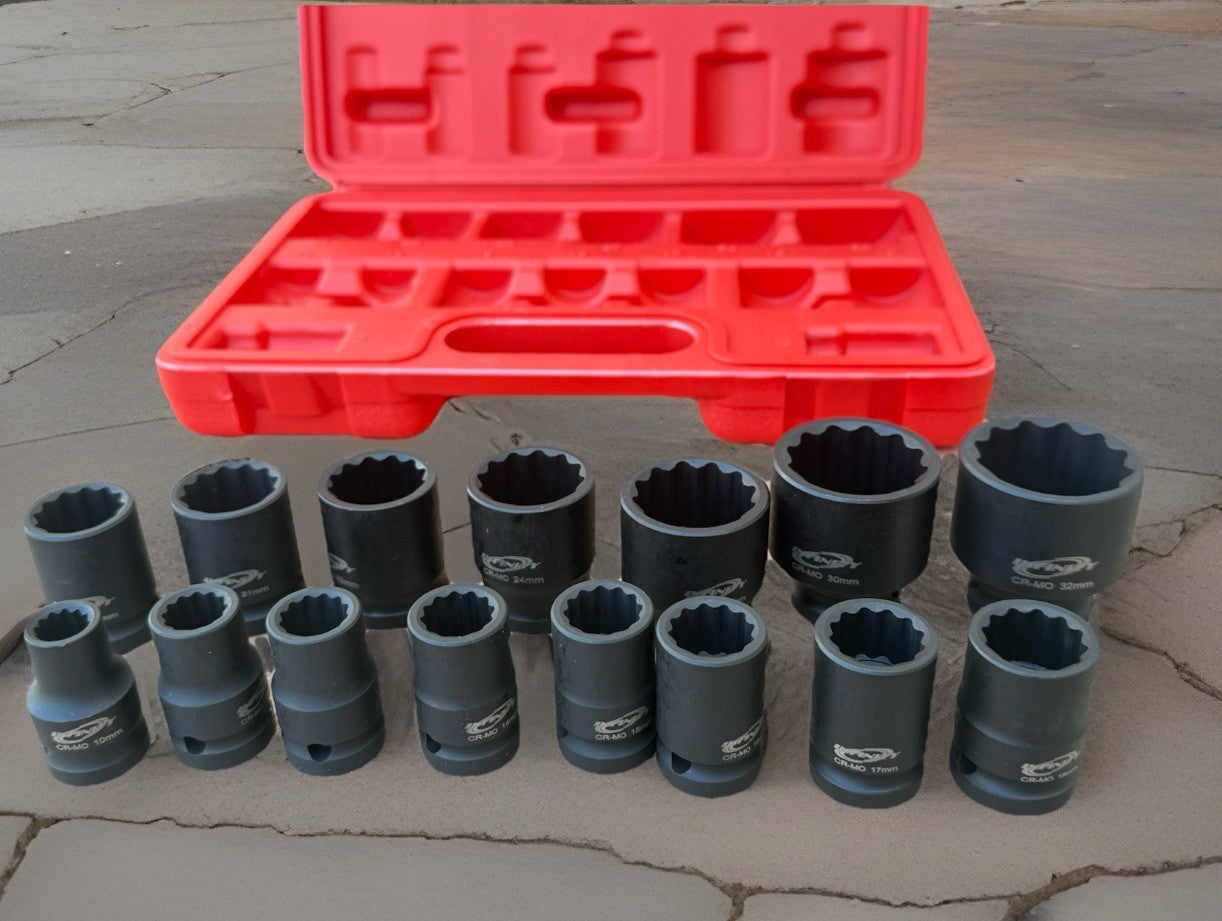 15pc 1/2-Drive Metric Shallow Impact Socket Set 10–32mm
