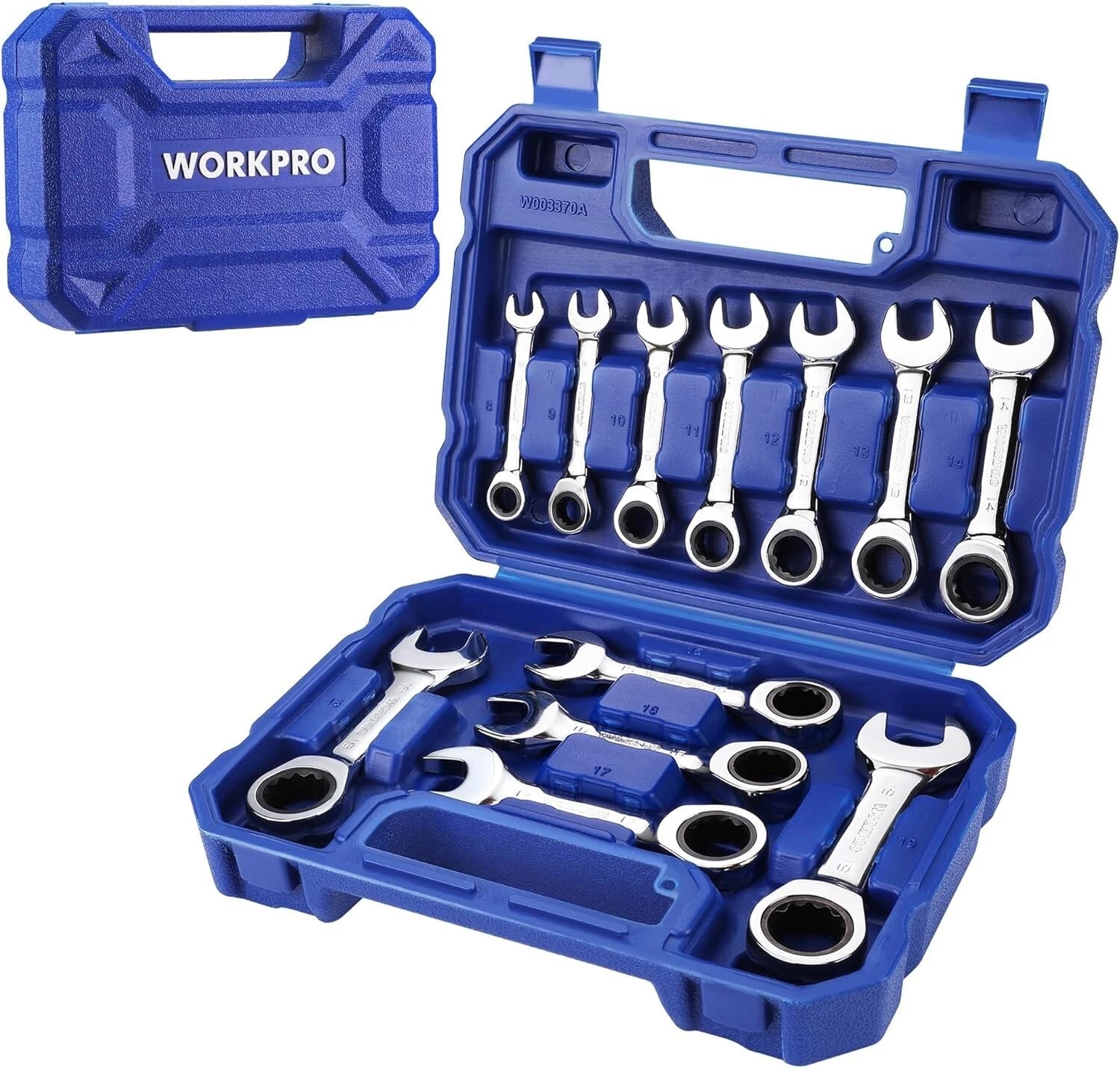 Workpro 12-piece Stubby Ratcheting Wrench Set, Metric 8-19mm 72-tooth