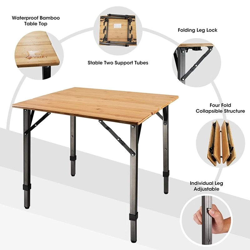 Villey Heavy Duty Bamboo Folding Camping Table Portable Table Load
