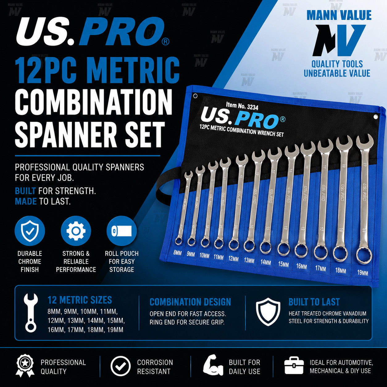 US Pro Tools 12pc Combination Spanner Set Metric 8 - 19mm