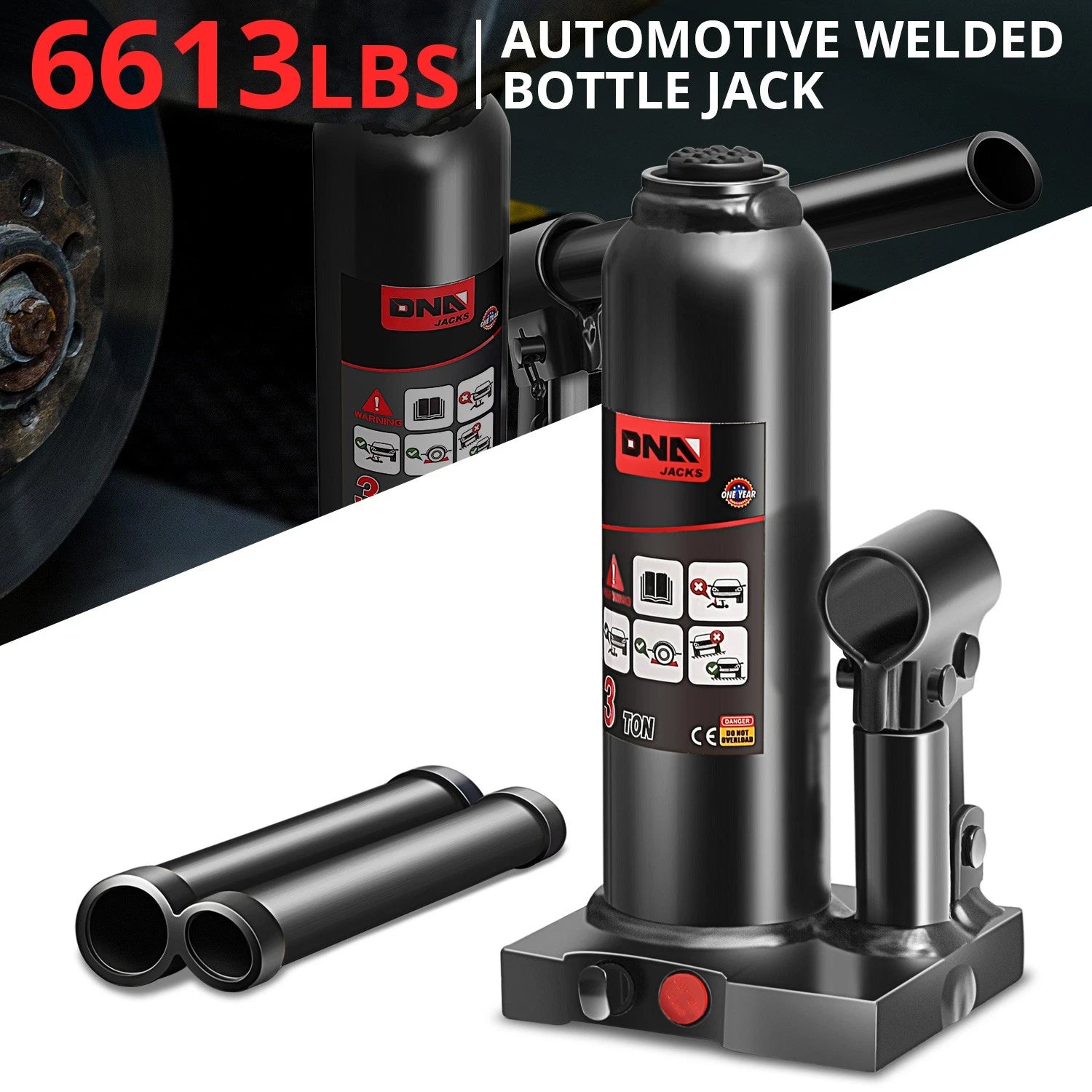 Black 14.5" 3 Ton Manual Automotive Hydraulic Welded Bottle Jack Car
