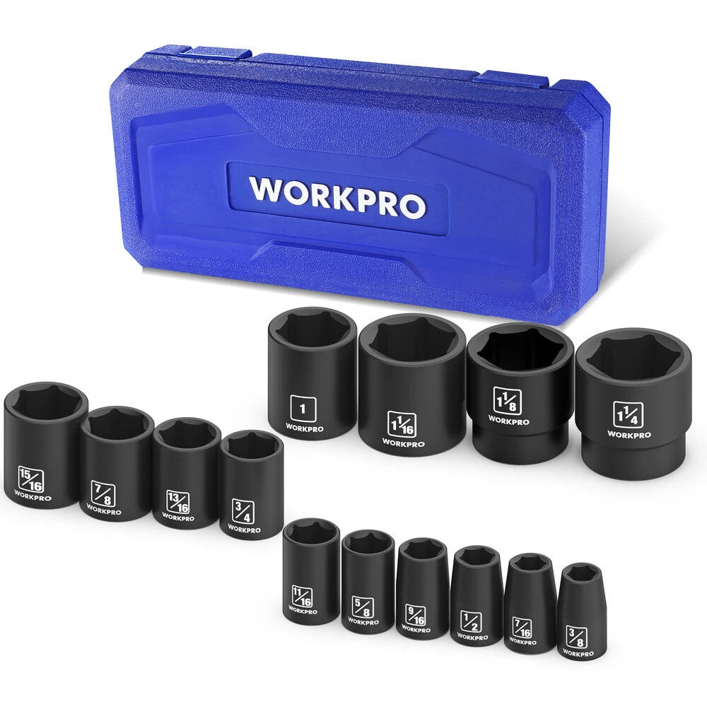 WORKPRO 1/2” Drive Shallow Impact Socket Set, Cr-V Steel 6-Point Socket Set SAE
