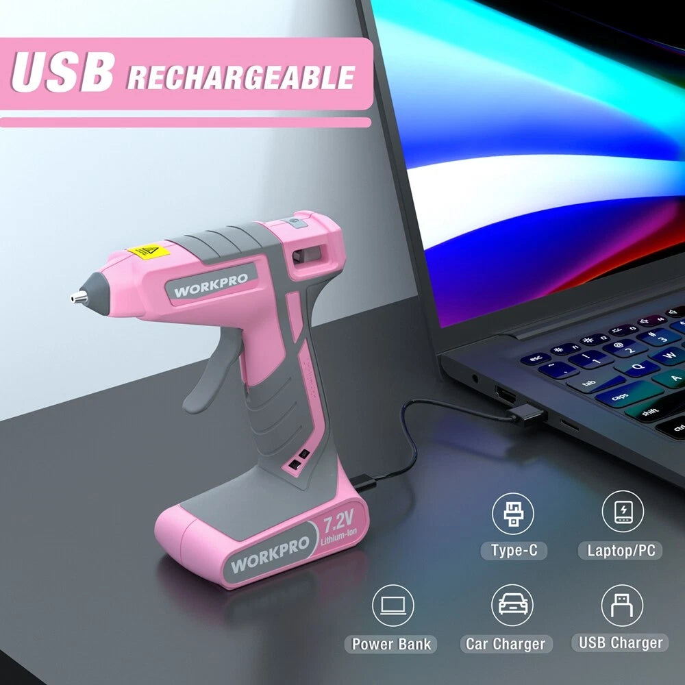 Pink Cordless Hot Melt Glue Gun 7.2V Fast Preheating Glue Gun Kits 20