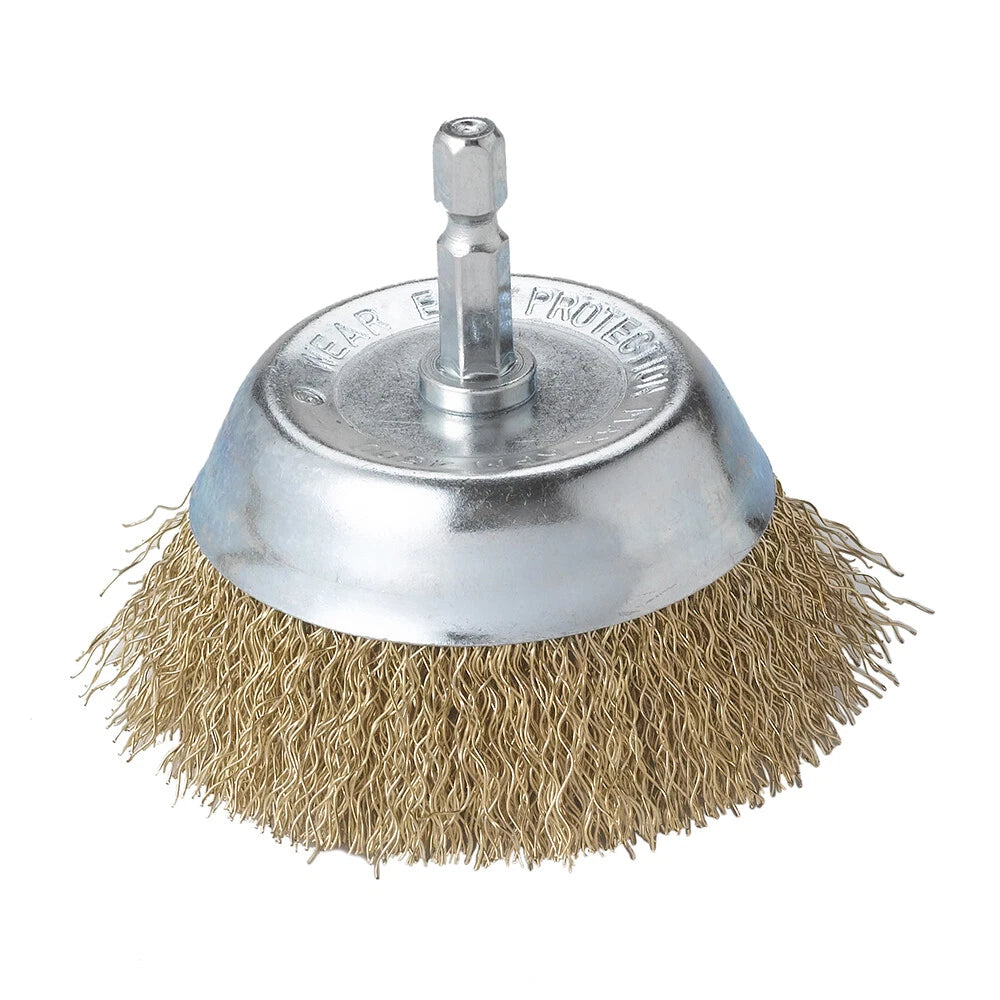 3" Brass Coated Crimped Wire Cup Brush with ¼” Hex Shank for Impact Driver/Drill
