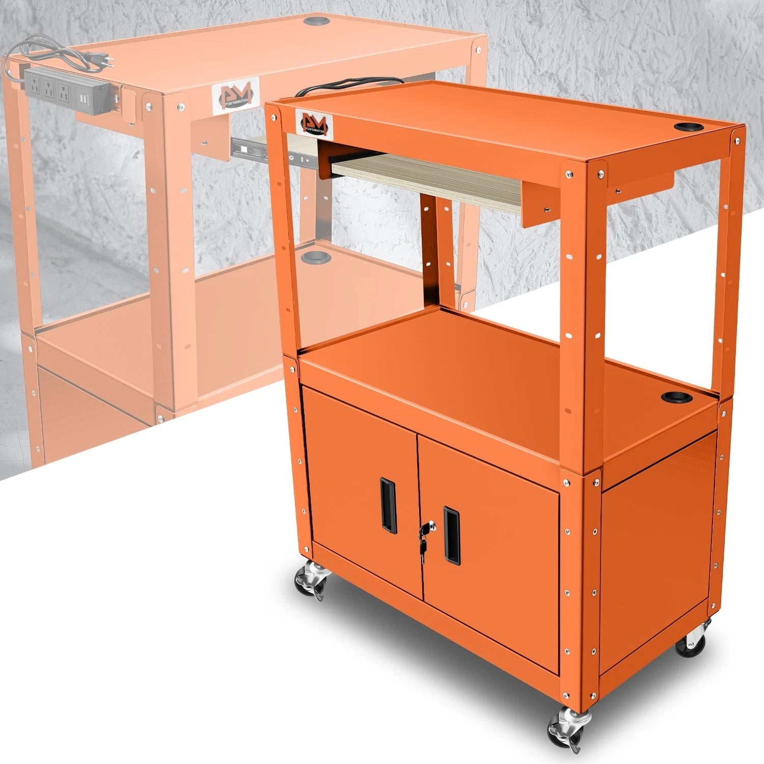 22"-42" Adjustable Height Orange Steel Av Cart Usb | Built Supply Co