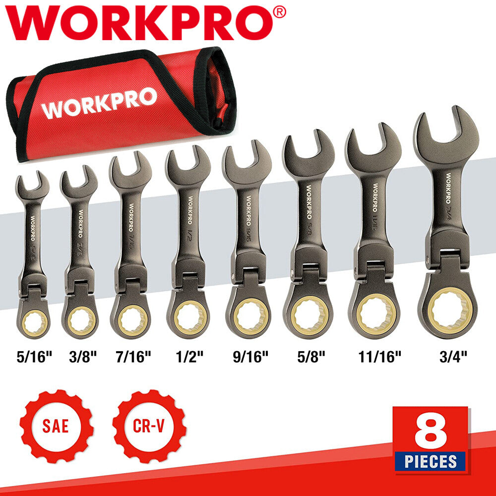 WORKPRO 8PCS Flex-Head Stubby Ratcheting Combination Wrench Sets SAE
