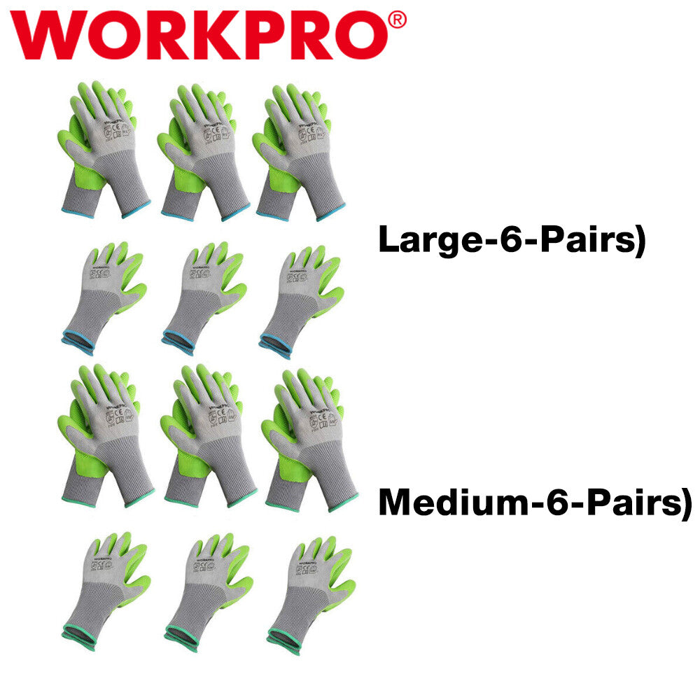 WORKPRO 6-Pairs M/L Garden Gloves Eco Latex Palm Coated Green-Grey