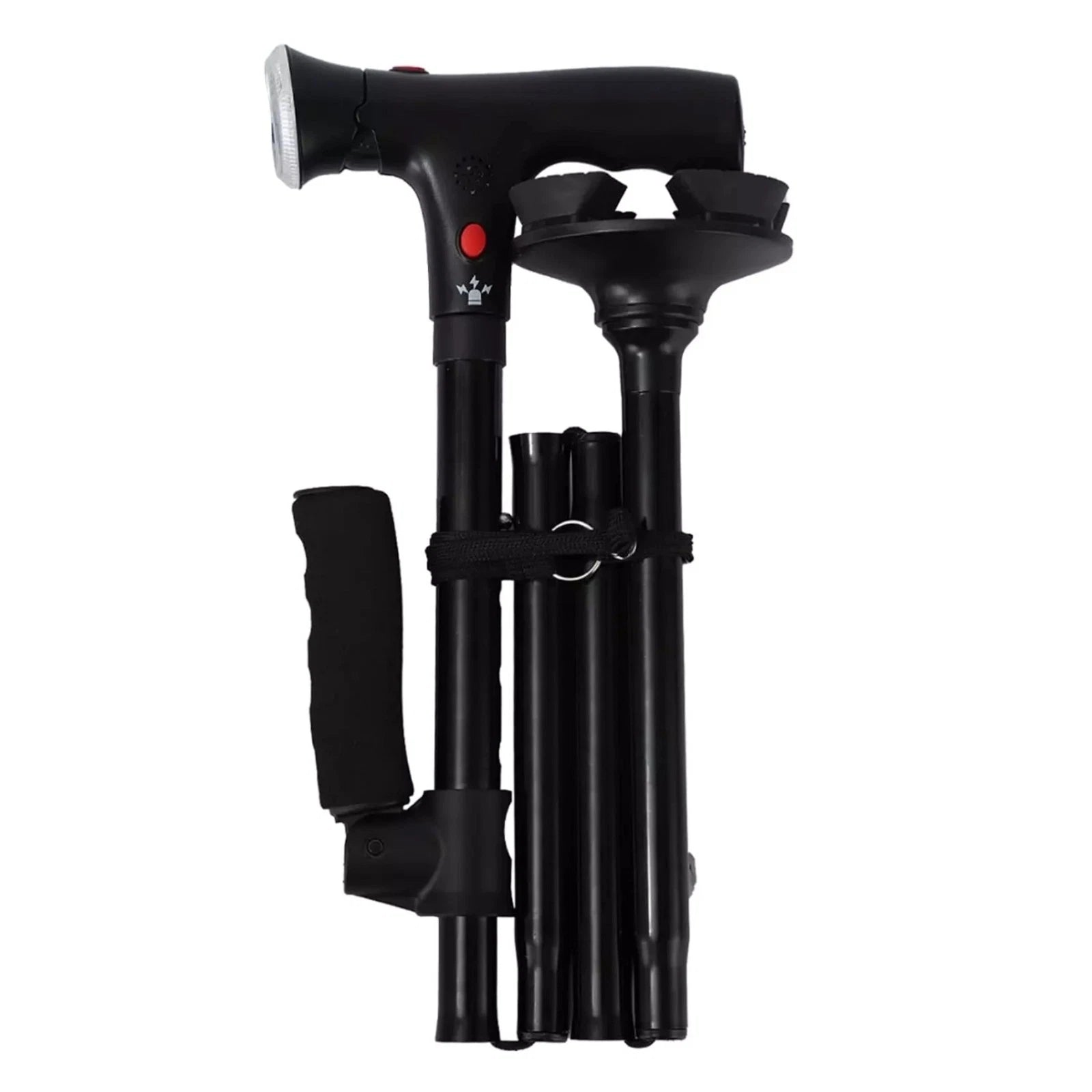 Black Aluminum Walking Cane W/side Handle&LED Light&alarm