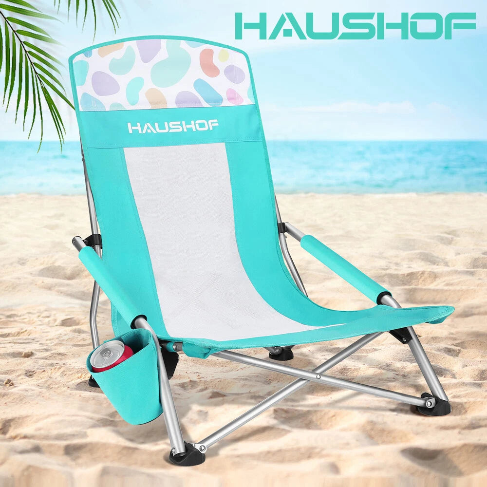 HAUSHOF High Back Beach Chair Low Seat Camping Chair Mesh Back Folding Chair NEW