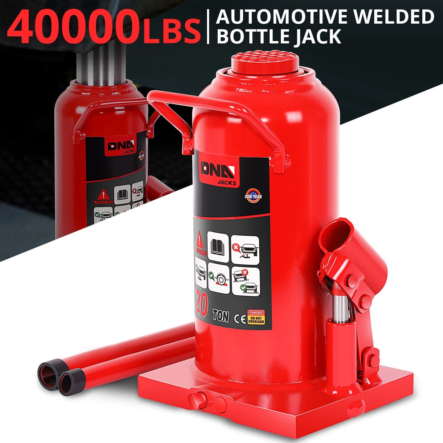Red 20 Tons Steel Adjusted Automotive Hydraulic Welded Bottle Jack