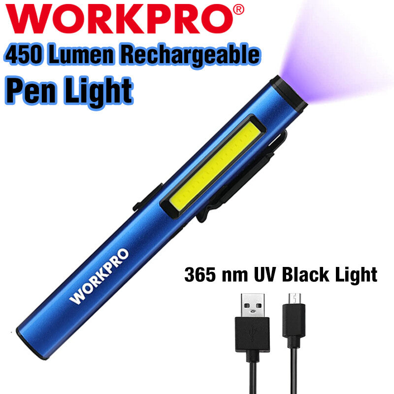 WORKPRO USB Rechargable LED Flashlight UV Black Light Pocket Pen Light