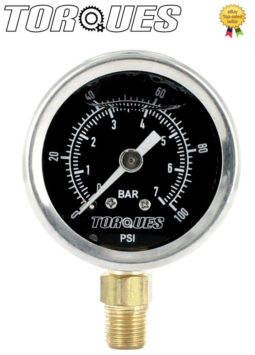 Torques Analog Fuel Pressure Gauge Black Face 0-7 BAR / 0-100 PSI