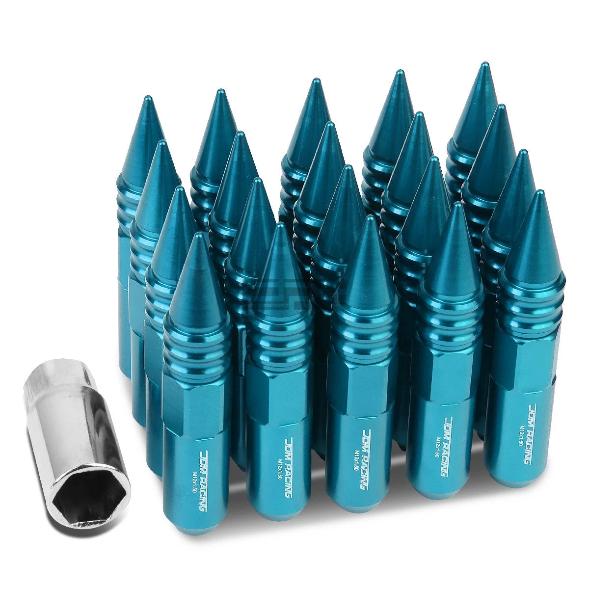 20 M12x1.5 107mm Tall 20mm Od Sky Blue Aluminum Jdm Spiked Cap Lug