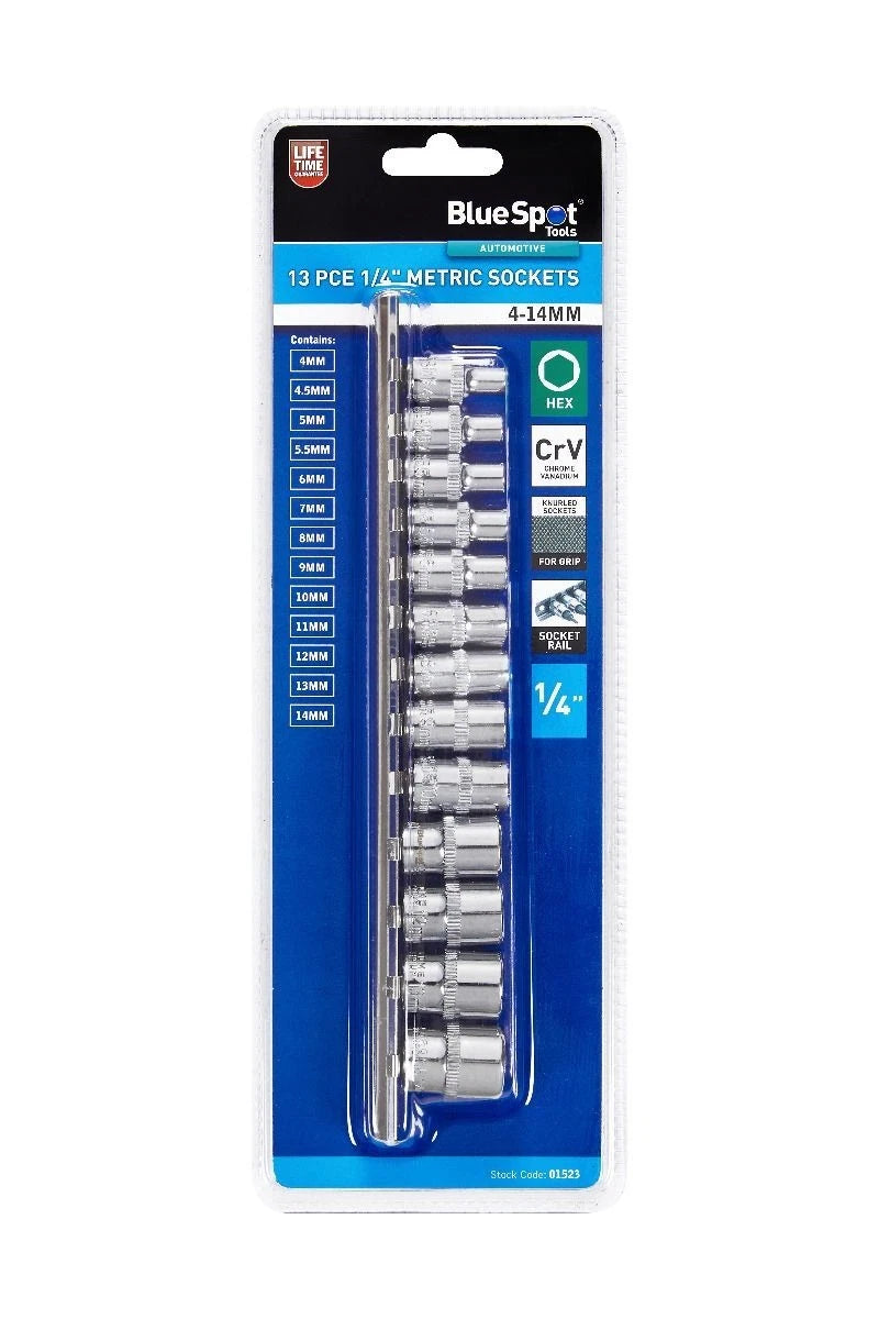 Blue Spot 1/4" Drive Metric Socket Set 4-14mm Hex Sockets Rail