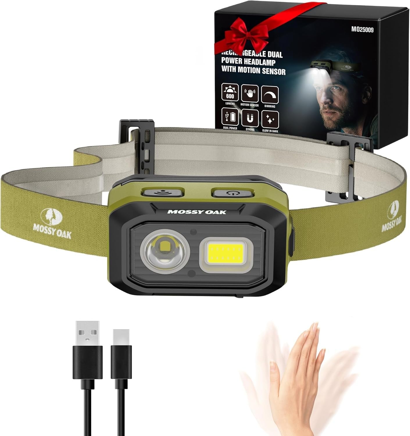 Mossy Oak 600 Lumens LED Headlamp Dual Power Source Motion Sensor Head