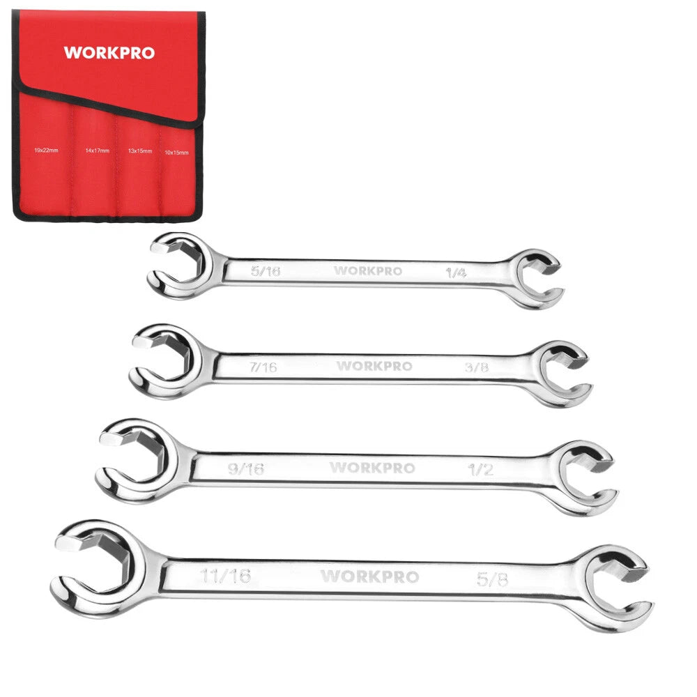 WORKPRO 4PCS Flare Nut Wrenches SAE Brake Line Offset Head Tubing Wrench w/Pouch
