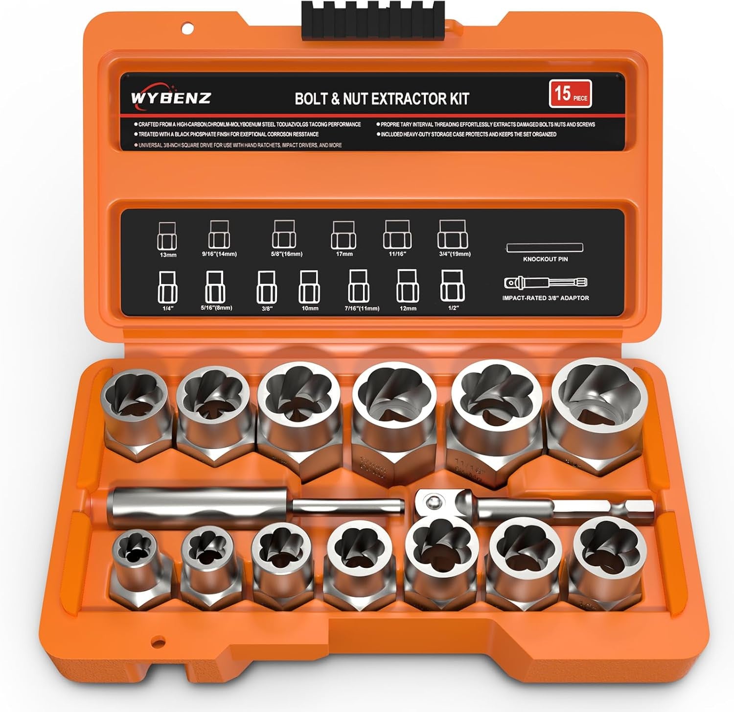 15 PCS Bolt Extractor Set, 3/8" Drive Impact Bolt & Lug Nut Remover