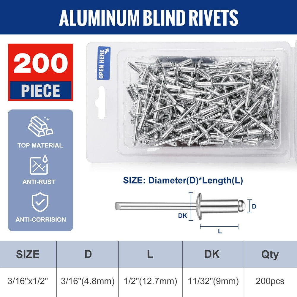 WORKPRO 200Pcs 3/16" x 1/2" Pop Rivets Assortment by WORKPRO