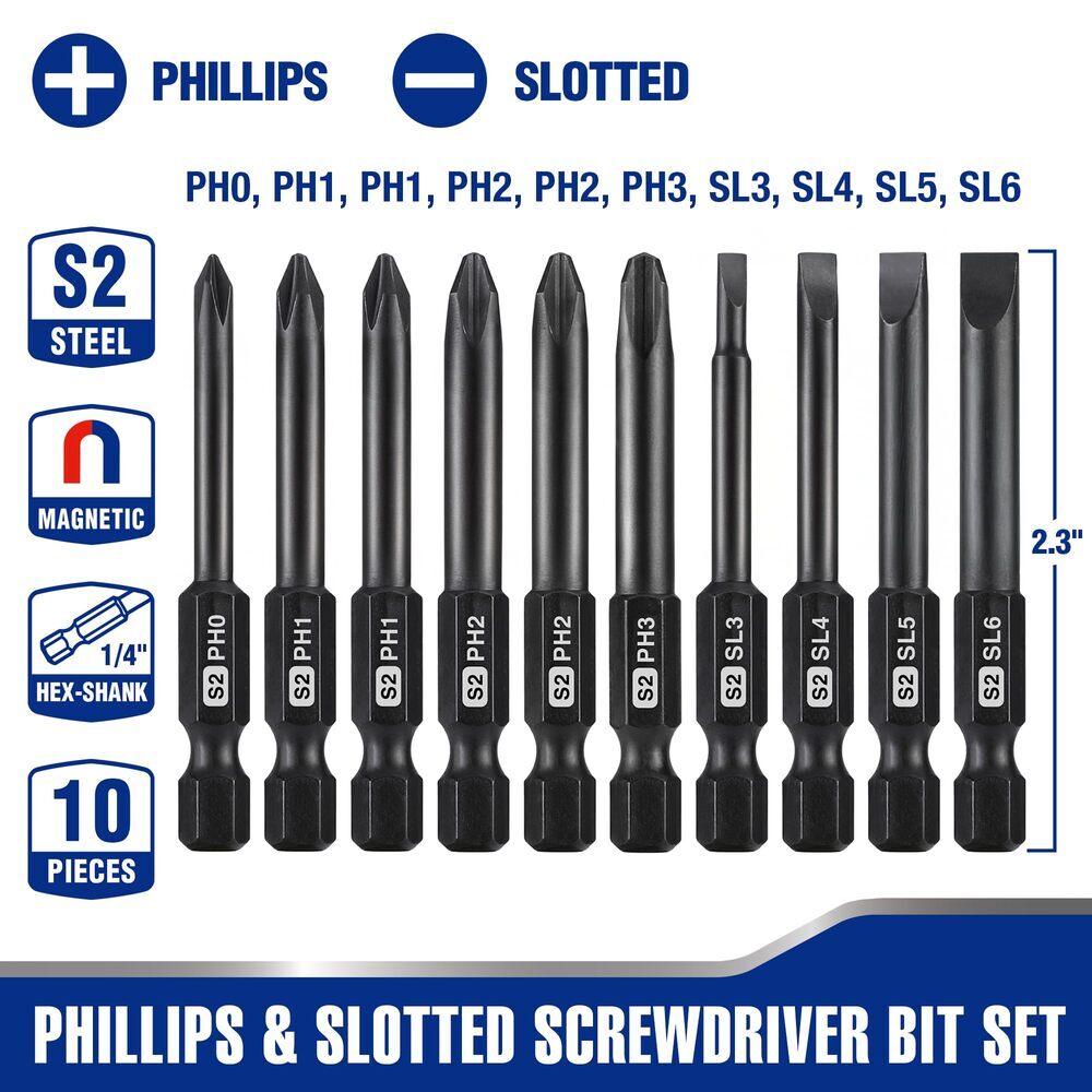 WORKPRO 10pcs Slotted Phillips Screwdriver Bit Set CNC Machined S2 Steel Tool