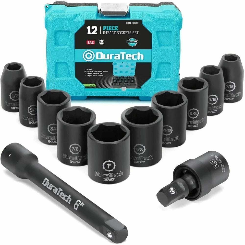 DURATECH 1/2" Dr Impact Socket Set 12PC SAE Sockets Swivel Adapter Extension Bar