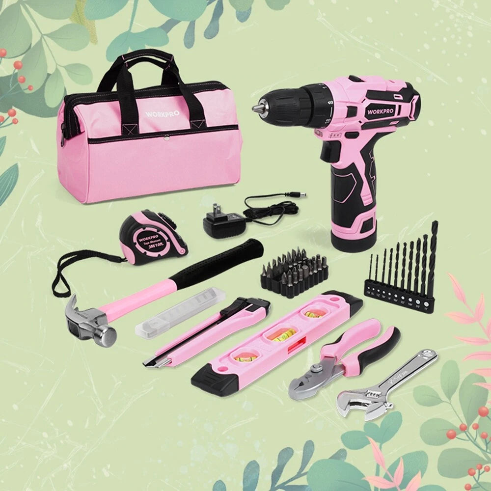 61PC Pink Tool Kit 12V Cordless Drill Driver Set Hand Tool Set w/14" Storage Bag