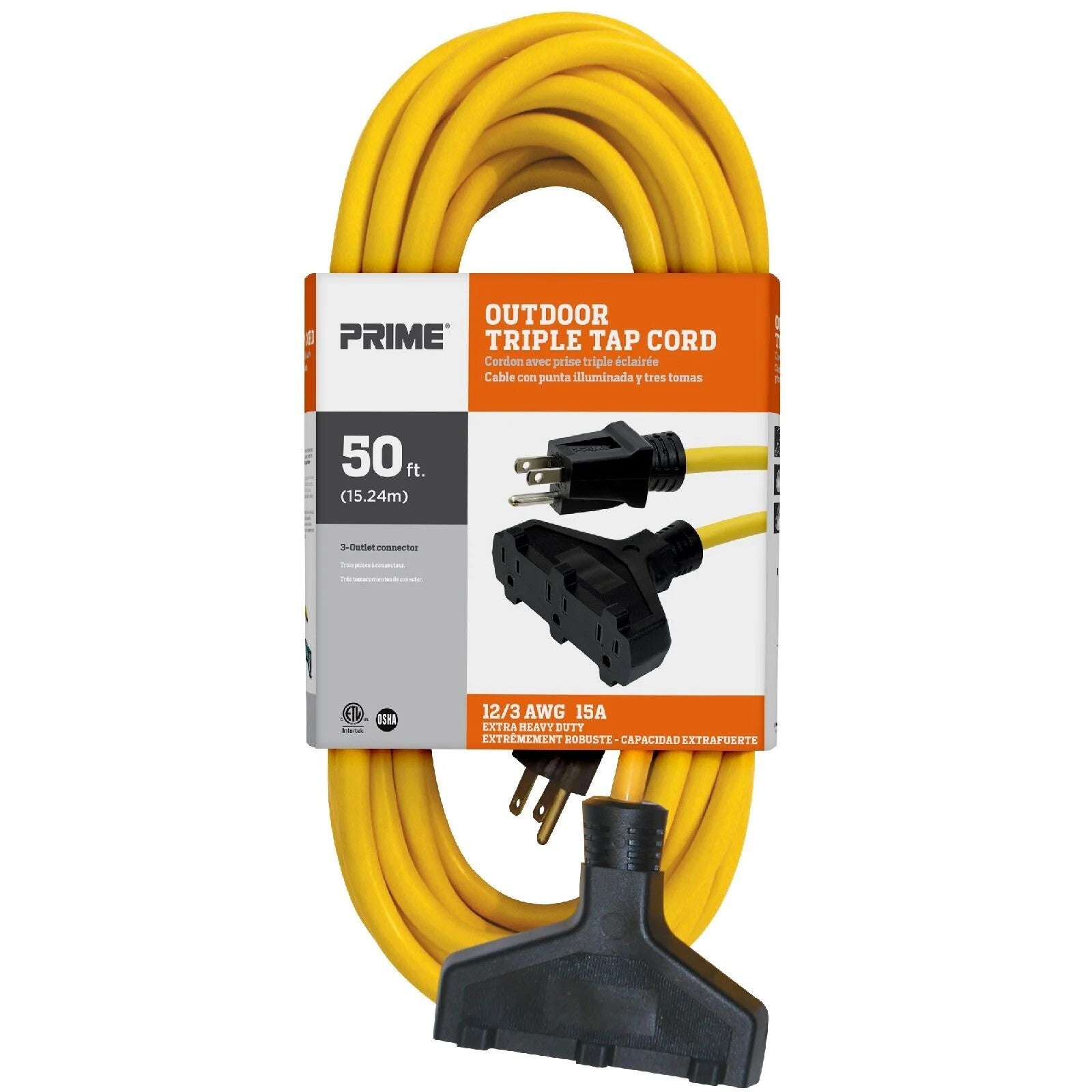 Prime 50ft Extension Cord 12 AWG Gauge, 3-Outlet