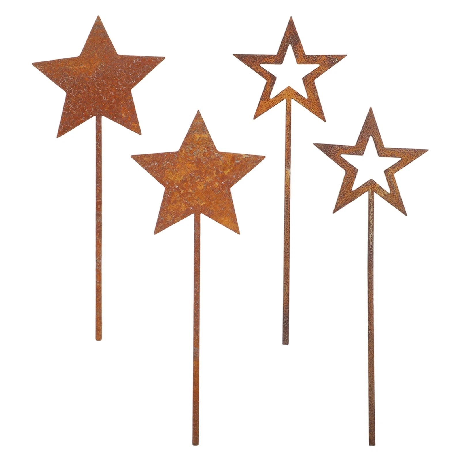 Rusty Star Garden Stakes Set 4 Metal Pieces Outdoor Lawn Decoration