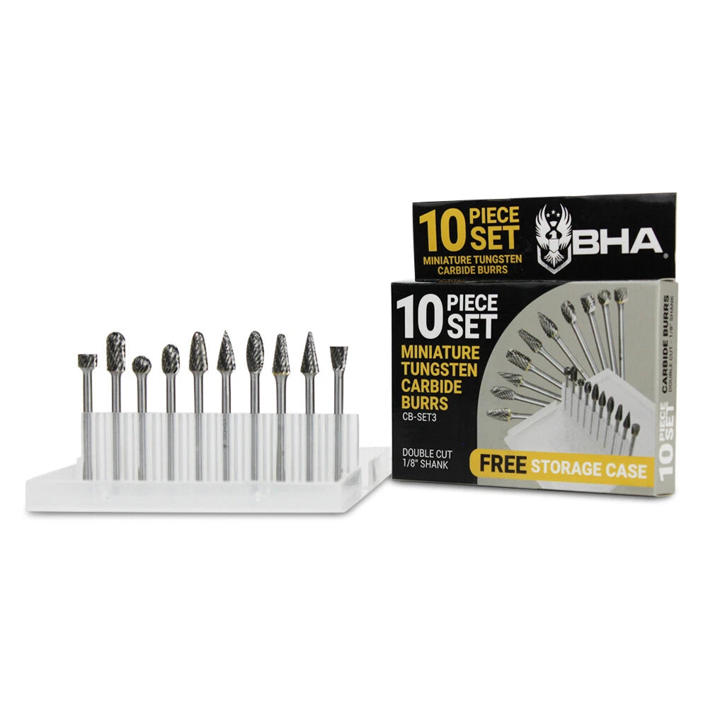 BHA 10 Piece Tungsten Carbide Mini Burr Grinder Bit Set, Double Cut – 1/8” Shank