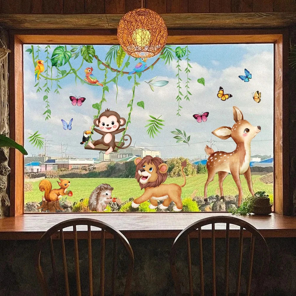 Rainforest Animal Theme Static Cling For Windows Glass Doors Pvc Decor